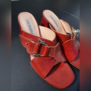 Trussardi Rich Brown Leather Mules Heels With Buckle NWT Size 7.5